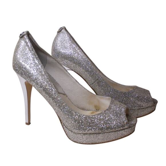 Michael Kors Silver Metallic Glitter Mesh Platform High Heels Y2K 9M - Picture 3 of 6